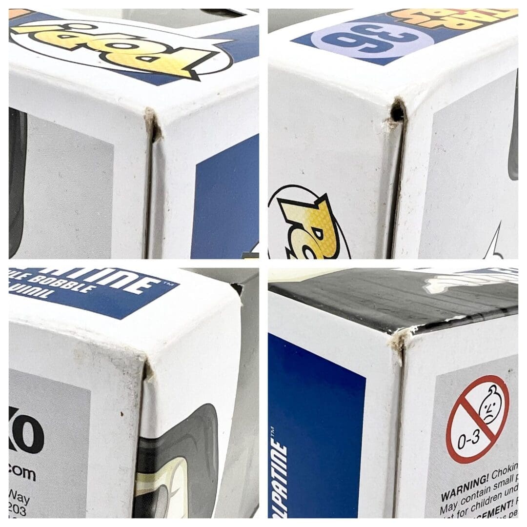 Damaged corners of collectible toy boxes.