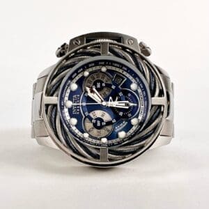 Silver and blue men's wristwatch with cables.