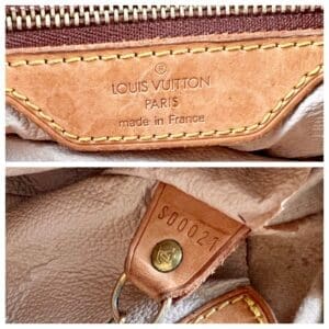 Louis Vuitton leather tag details in handbag.