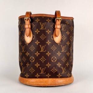 Brown designer monogram bucket bag.