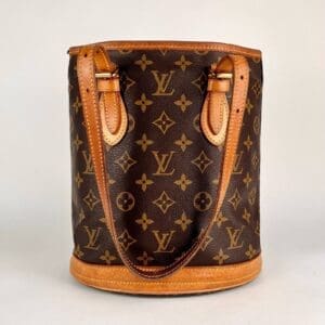 Brown designer monogram bucket bag.