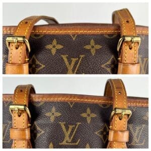 Brown leather monogrammed bag with buckles.
