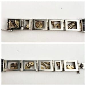 Silver bracelet with decorative gold charms.