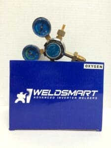 Weldsmart oxygen regulator with pressure gauges.