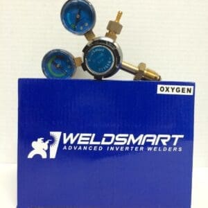 Weldsmart oxygen regulator with pressure gauges.