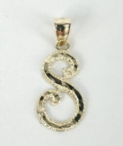 Gold letter "S" pendant on white background.