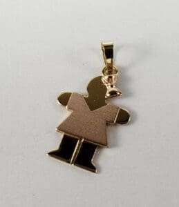 Gold pendant shaped like a person.
