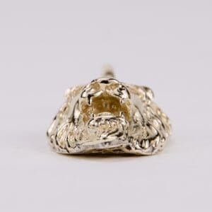 Gold lion head ring on display.