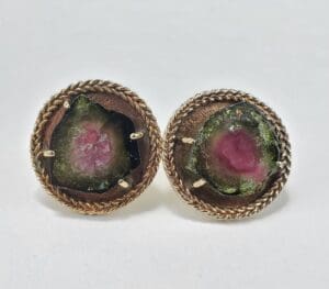 Watermelon tourmaline earrings with gold setting.