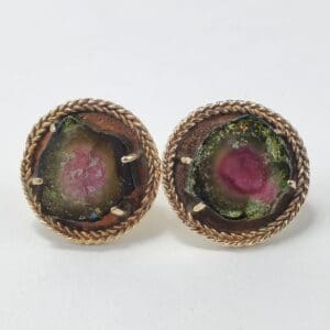 Two round watermelon tourmaline earrings.