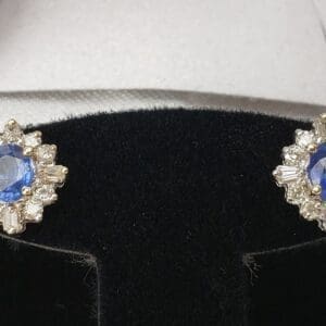 Blue gemstone earrings in black velvet box.