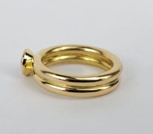 Gold double-band ring on white background.