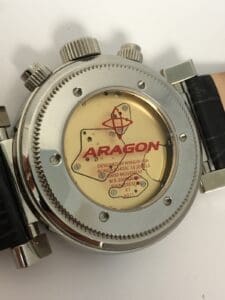 Back of Aragon watch with visible movement.
