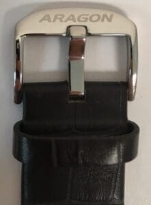 Black leather watch strap with Aragon buckle.