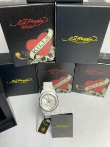 Ed Hardy watch with branded packaging boxes.