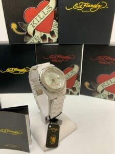 Ed Hardy white watch with branded packaging.