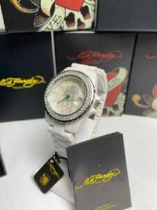 White Ed Hardy watch with packaging boxes.