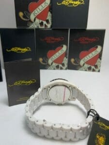 White watch with Ed Hardy packaging.