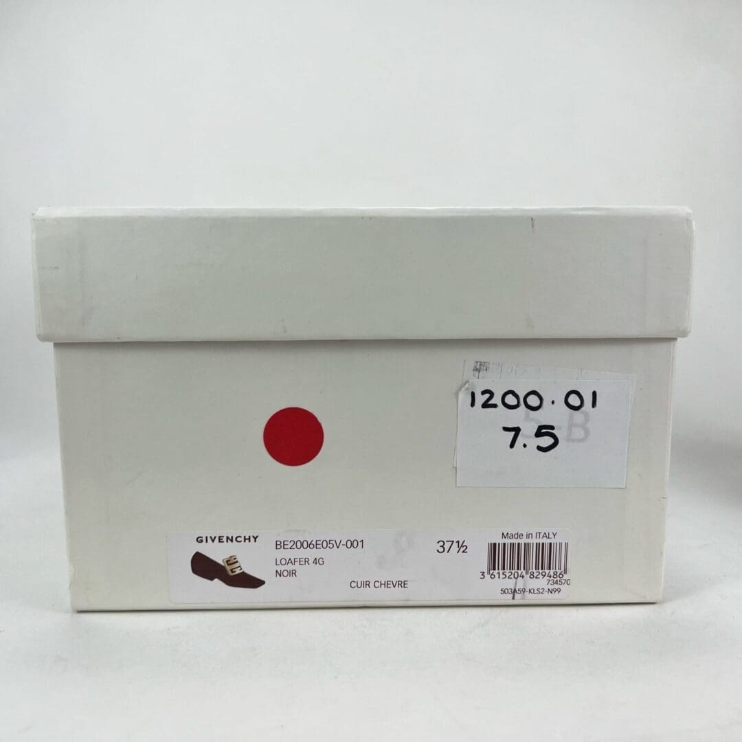 White shoe box with product labels.