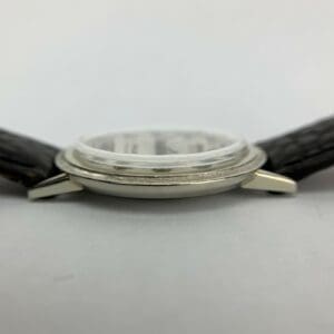 Watch case with leather straps, side view.