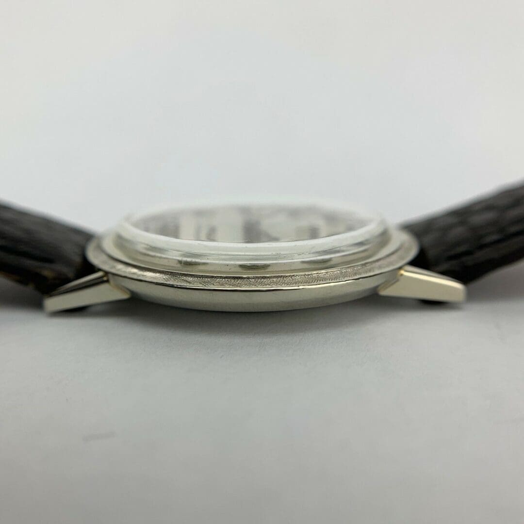 Watch case with leather straps, side view.