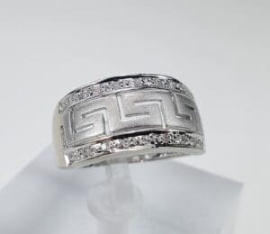 Silver ring with geometric pattern design.