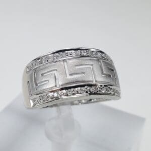 Silver ring with geometric pattern design.