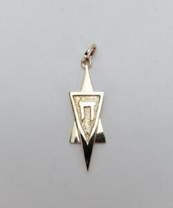 Gold triangular pendant with Hebrew letter design.
