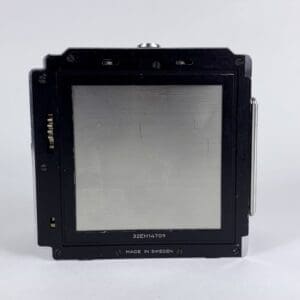 Camera back with metallic surface.