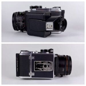 Two vintage cameras shown from different angles.