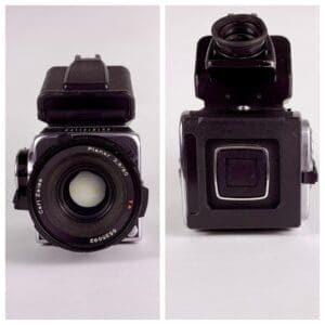 Vintage Hasselblad camera, front and back views.