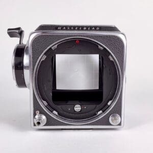Vintage Hasselblad camera body, front view.