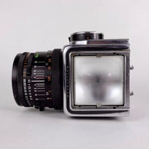 Vintage medium format camera on display.