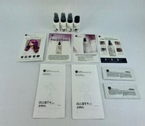 Hair care products and informational brochures displayed.