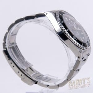 Silver wristwatch with black dial and bezel.