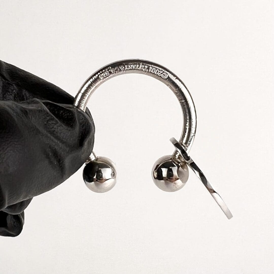 Gloved hand holding a silver horseshoe barbell.