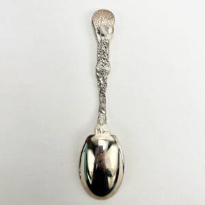 Ornate silver spoon with intricate handle design.