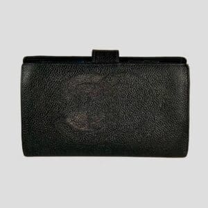Black leather wallet with textured surface.