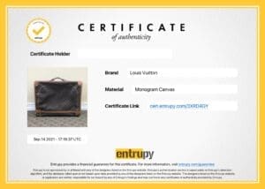 Certificate of authenticity for Louis Vuitton bag.