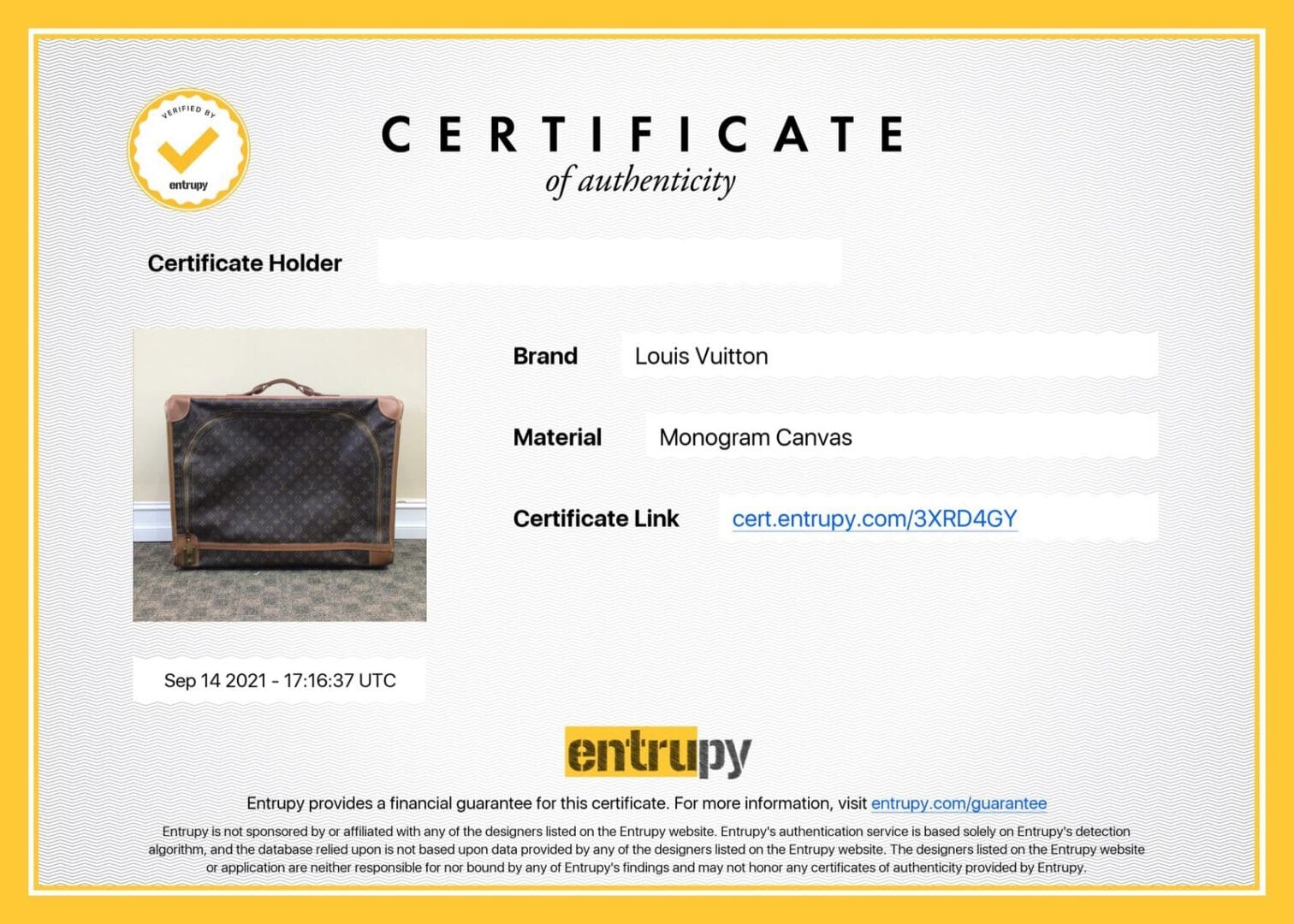Certificate of authenticity for Louis Vuitton bag.