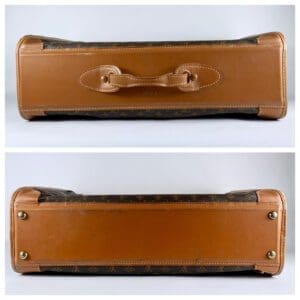 Brown leather suitcase with bottom view.