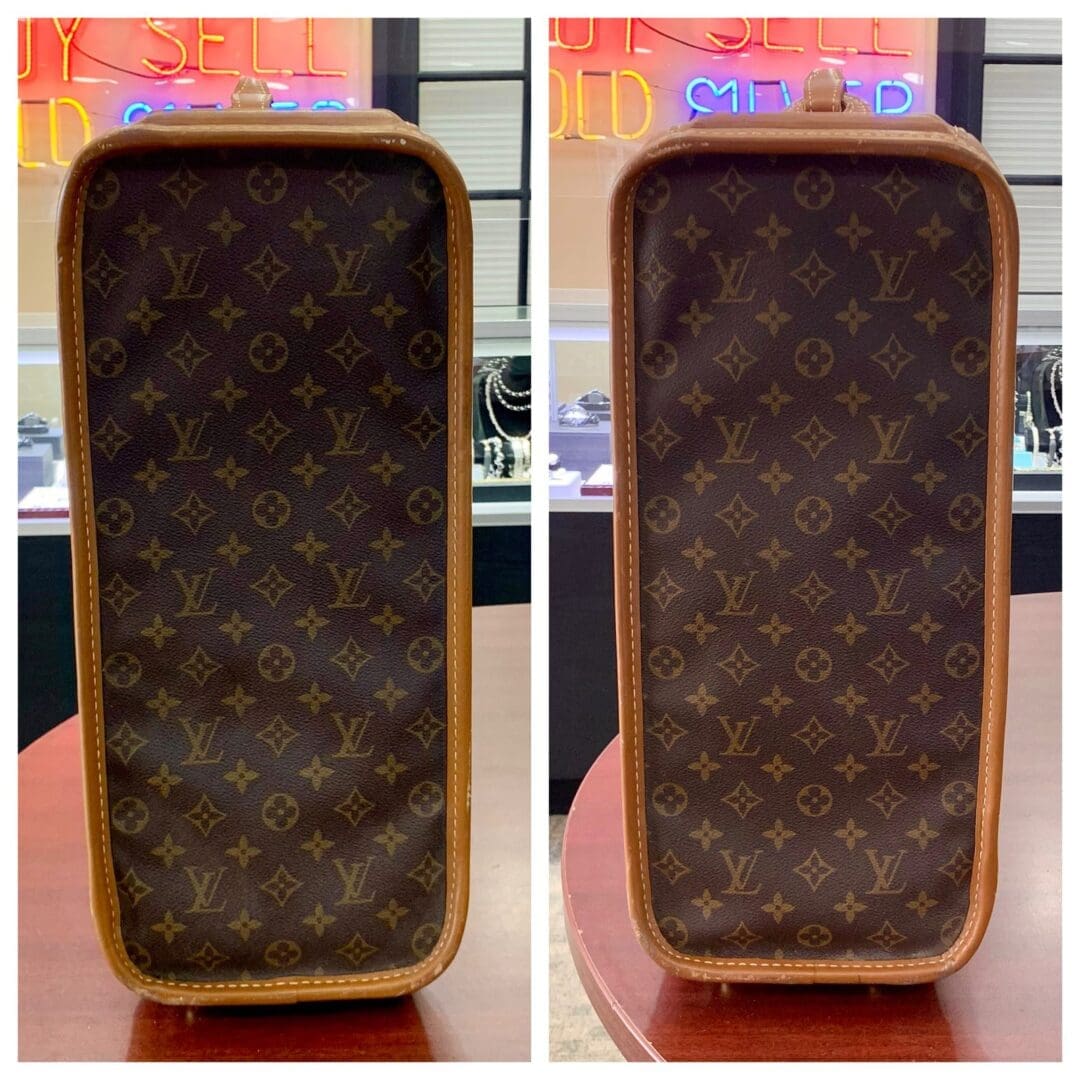 Luxury monogrammed handbag on display table.