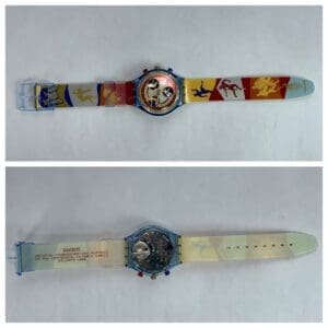 Colorful Swatch watch with zodiac designs.