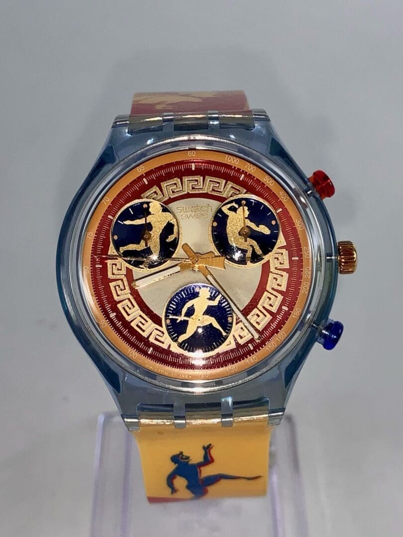 Colorful watch with Greek mythology theme design.