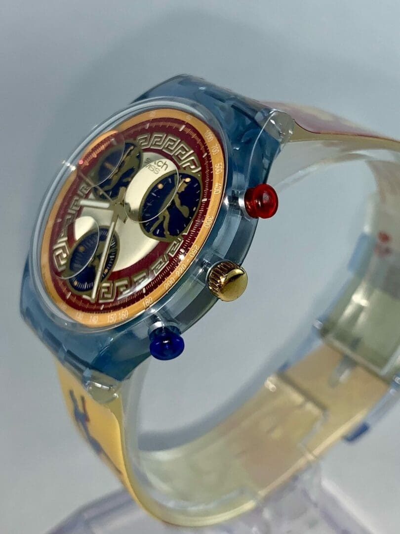 Colorful wristwatch with intricate face design.