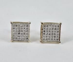 Square diamond stud earrings, gold setting.