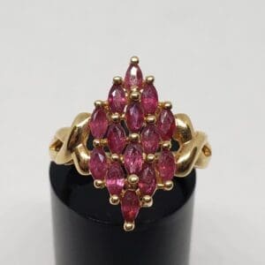 Gold ring with cluster of red gemstones.