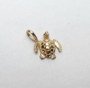 Gold turtle pendant on white background.