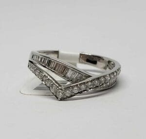 Silver ring with diamond accents on display.