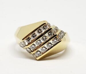 Gold ring with rows of diamonds.